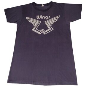 Wings Paul McCartney Band T-Shirt Faded Black Glitter Logo S Vtg 70s - Imperfect